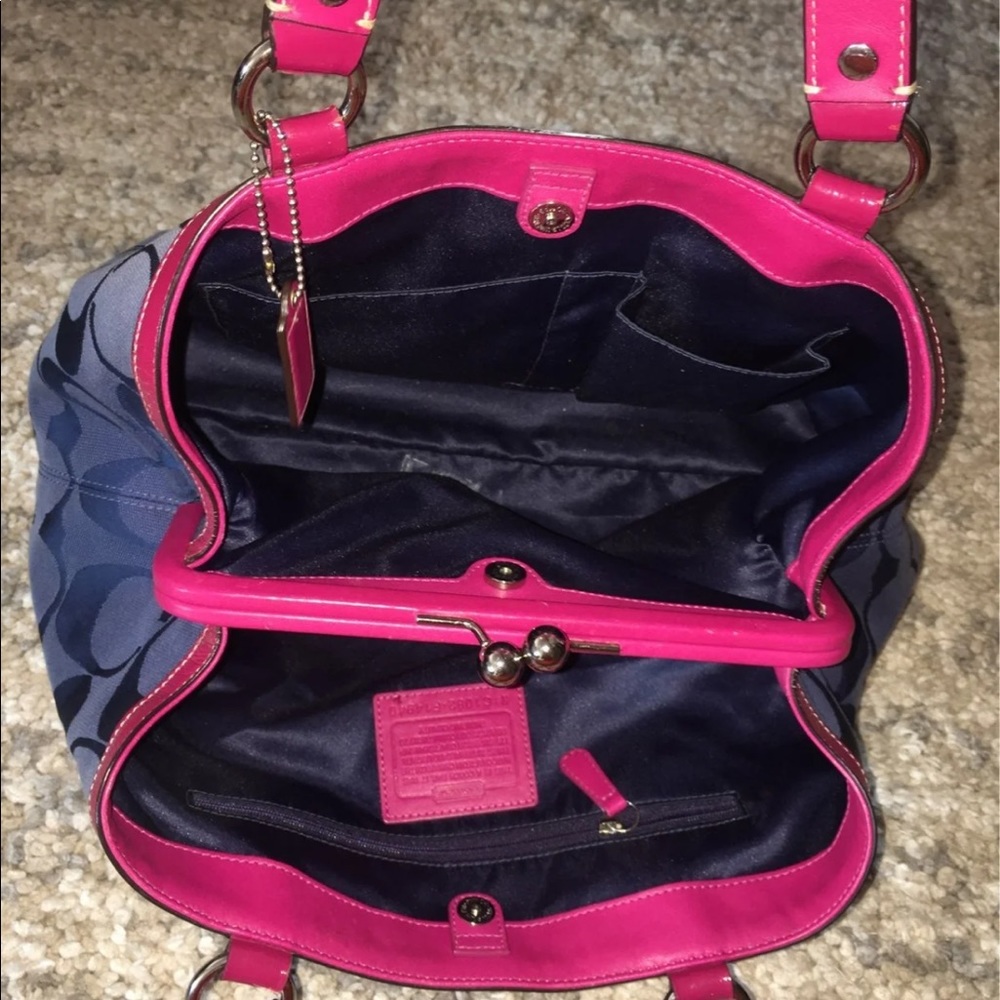 Coach Navy Signature Tote with Hot Pink Trim - Picture 8 of 16